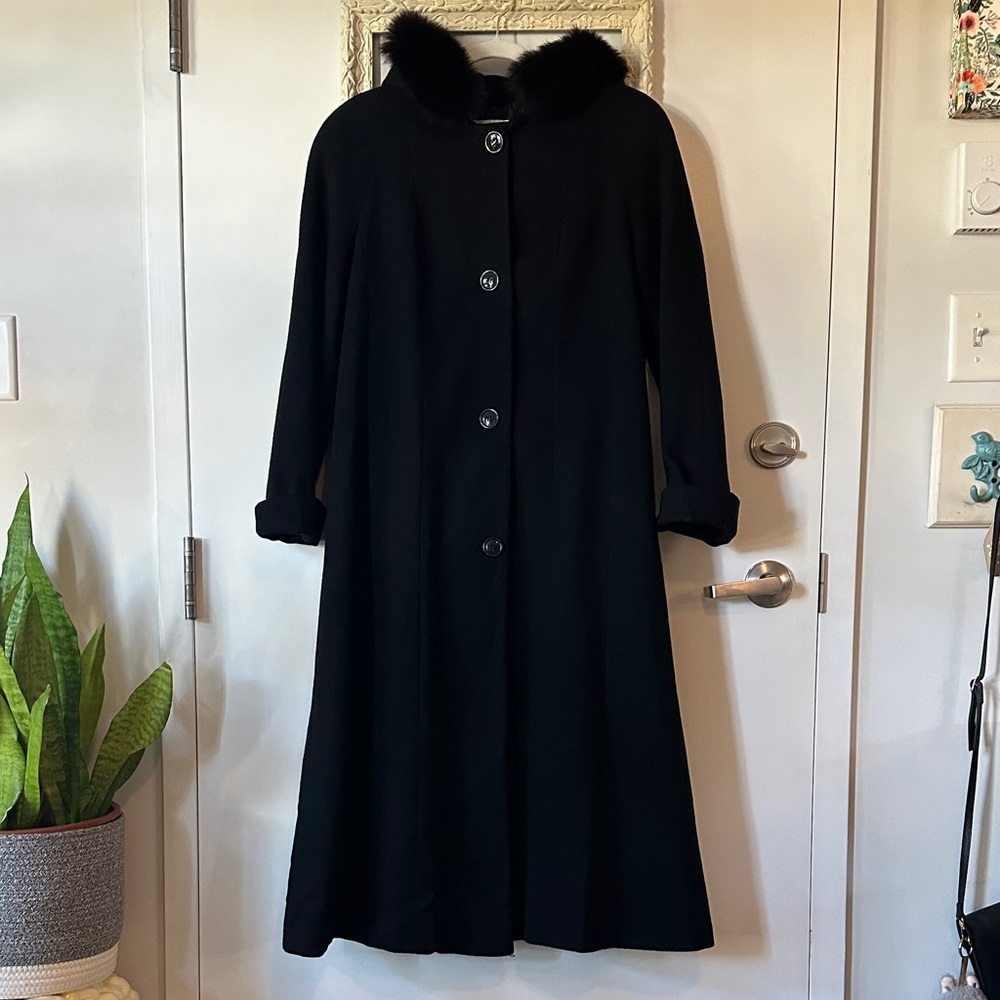 Classic Black Wool Coat with Fur Trim